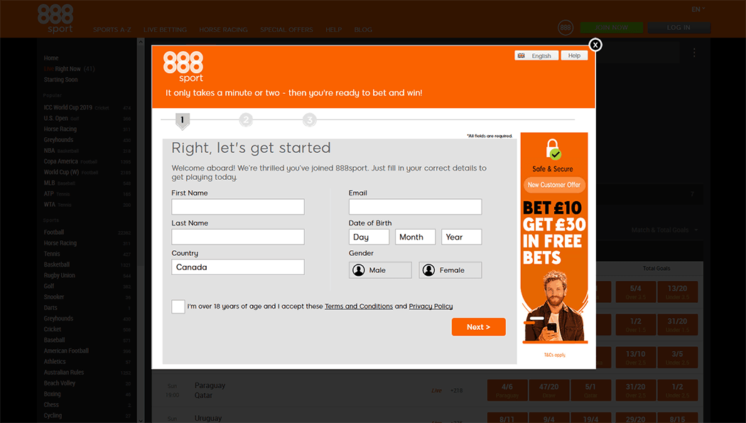 Sign up form 888 Sport