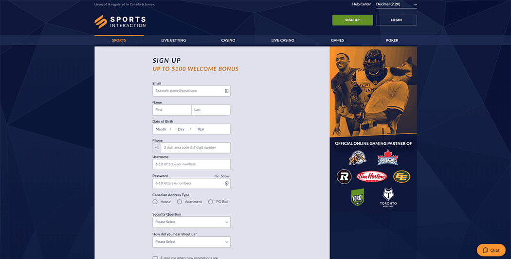 Sign up form Sports Interaction