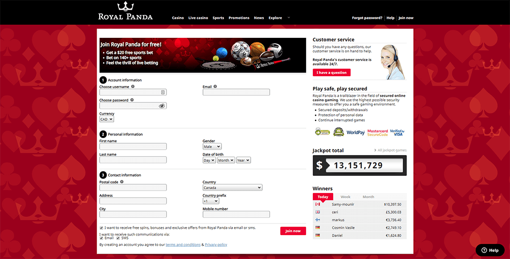 Registration form Royal Panda Sports